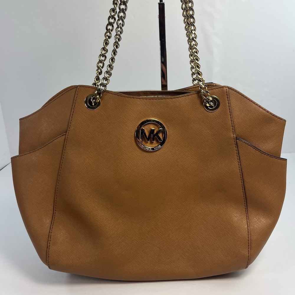 Michael Kors Jet Set Leather Tote Bag Acorn Brown w/ Gold Chain